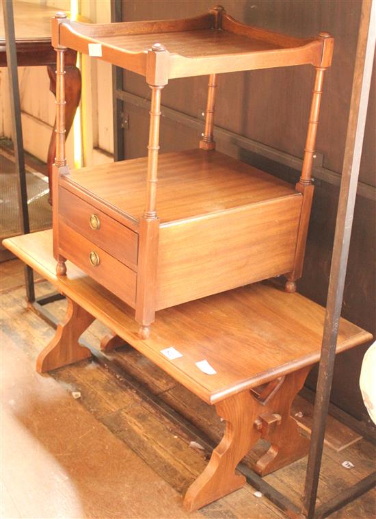 Small mahogany 2-tier table with 2 drawers under & oak coffee table